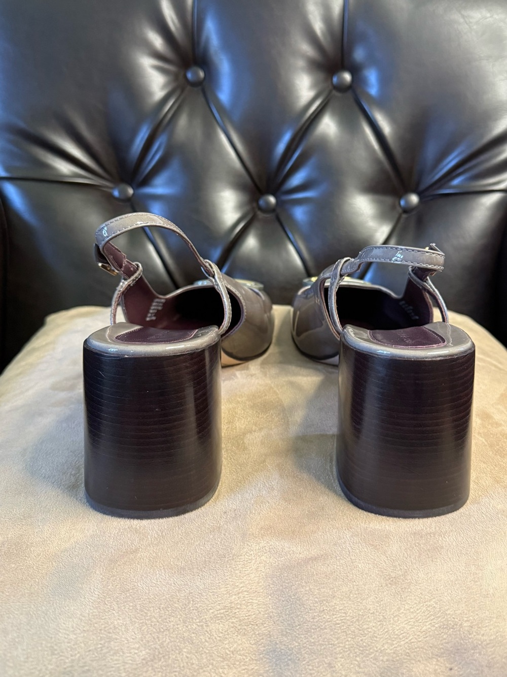 Tory Burch Taupe Patent Leather Slingback Heels with Gold Logo - Picture 9 of 15
